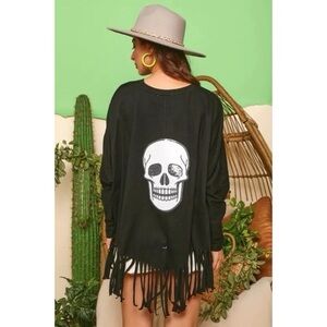Fantastic Fawn Top M Black Boxy Batwing Dolman Fringe Sequin Skull Halloween NWT